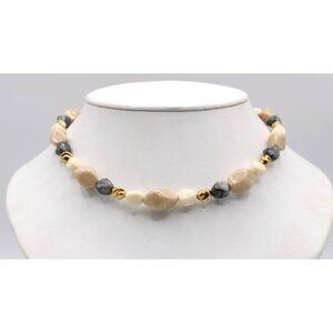 Trifari TM Stone Beaded Necklace Gold-Plated Tans Gray Cream White Classic Vtg